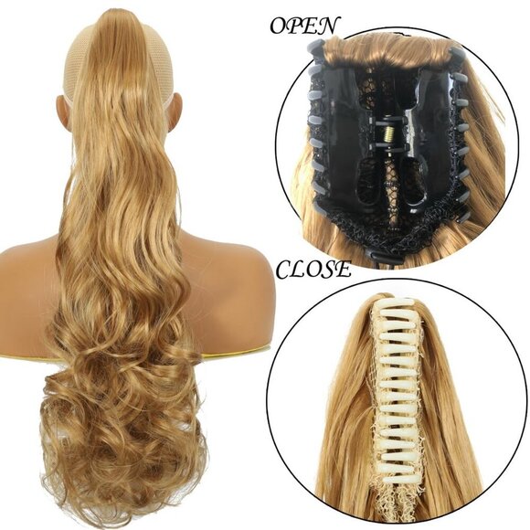 Long Curly PonyTail Hair Extensions 22Inch Light Brown Claw Wavy Ponytail Extens - Picture 2 of 6